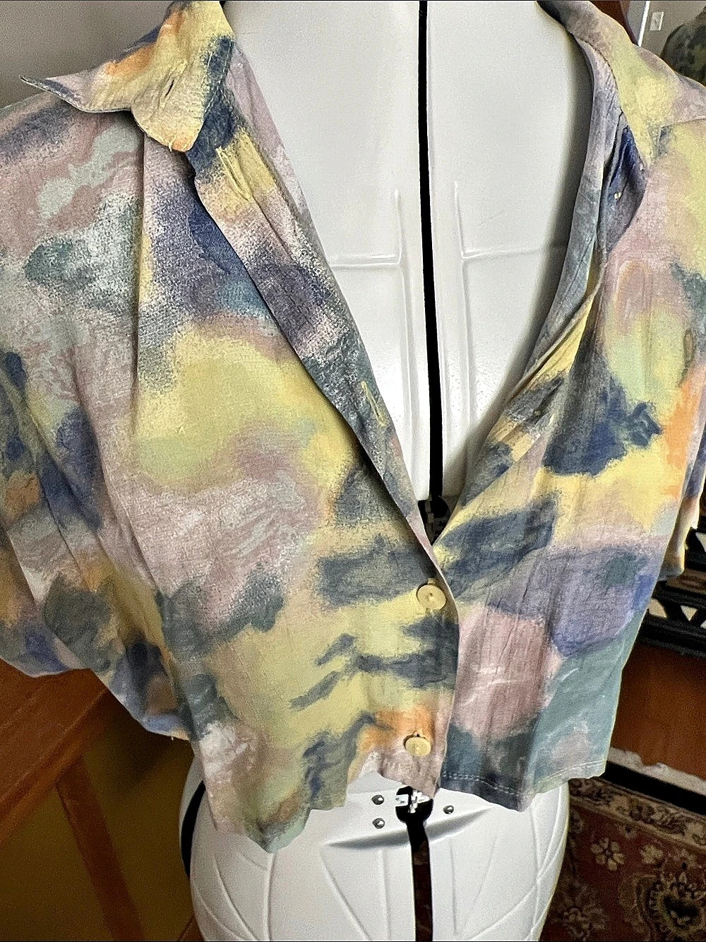 Up Cycled Abstract Cropped Button Front Top in Multicolor - Picture 2 of 5